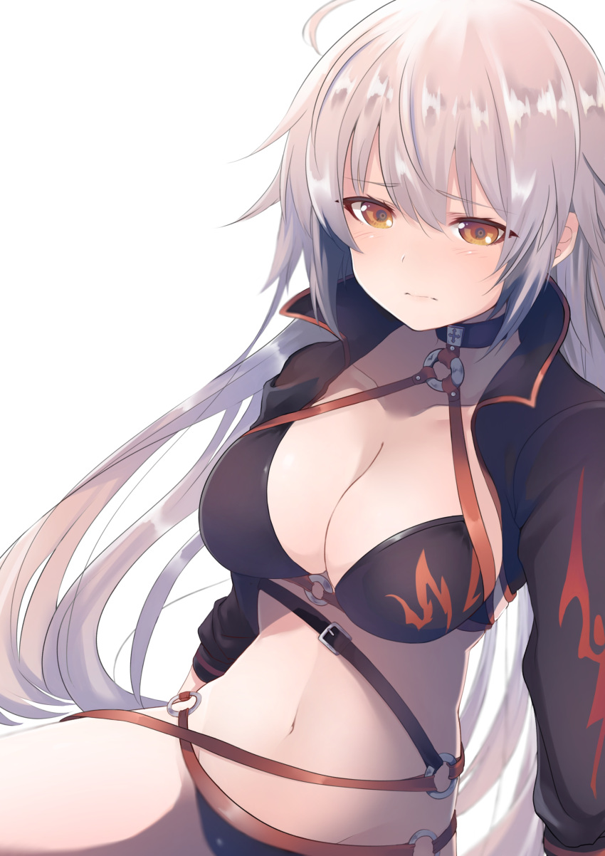 1girl absurdres ahoge arms_at_sides bangs belt belt_buckle bikini black_belt black_bikini black_choker black_jacket blush breasts buckle choker cleavage closed_mouth collarbone commentary_request cropped_jacket dyson_(edaokunnsaikouya) eyebrows_visible_through_hair fate/grand_order fate_(series) groin hair_between_eyes halter_top halterneck highres hips jacket jeanne_d'arc_(alter)_(fate) jeanne_d'arc_(alter_swimsuit_berserker) jeanne_d'arc_(fate)_(all) large_breasts long_hair long_sleeves looking_at_viewer navel o-ring o-ring_belt o-ring_bikini o-ring_bottom o-ring_top shrug_(clothing) sidelocks silver_hair sitting solo swimsuit very_long_hair waist white_background yellow_eyes