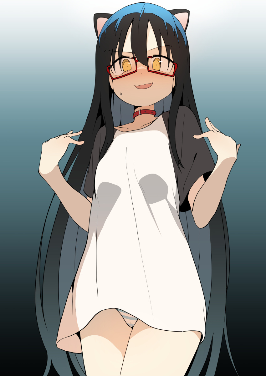 1girl absurdres animal_ears black_hair blush bural_chingu cat_ears choker eyebrows_visible_through_hair from_below glasses highres ju_hyeon-mi long_hair looking_at_viewer luke_(dydansgur) panties raglan_sleeves red-framed_eyewear shade solo striped striped_panties underwear very_long_hair yellow_eyes