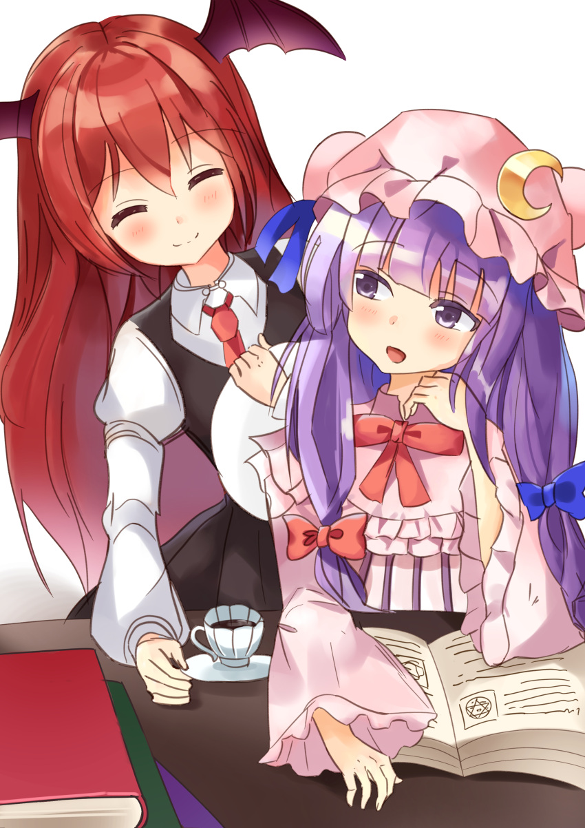 2girls absurdres bangs blue_bow blue_ribbon blunt_bangs blush book bow bowtie capelet closed_eyes closed_mouth collar commentary crescent crescent_moon_pin cup engrish_commentary eyebrows_visible_through_hair hair_bow hat hat_ribbon head_wings highres koakuma long_hair multiple_girls necktie open_book open_mouth patchouli_knowledge plate purple_hair red_bow red_neckwear redhead ribbon satori_(pixiv) simple_background smile table tea teacup touhou upper_body very_long_hair violet_eyes white_background wide_sleeves