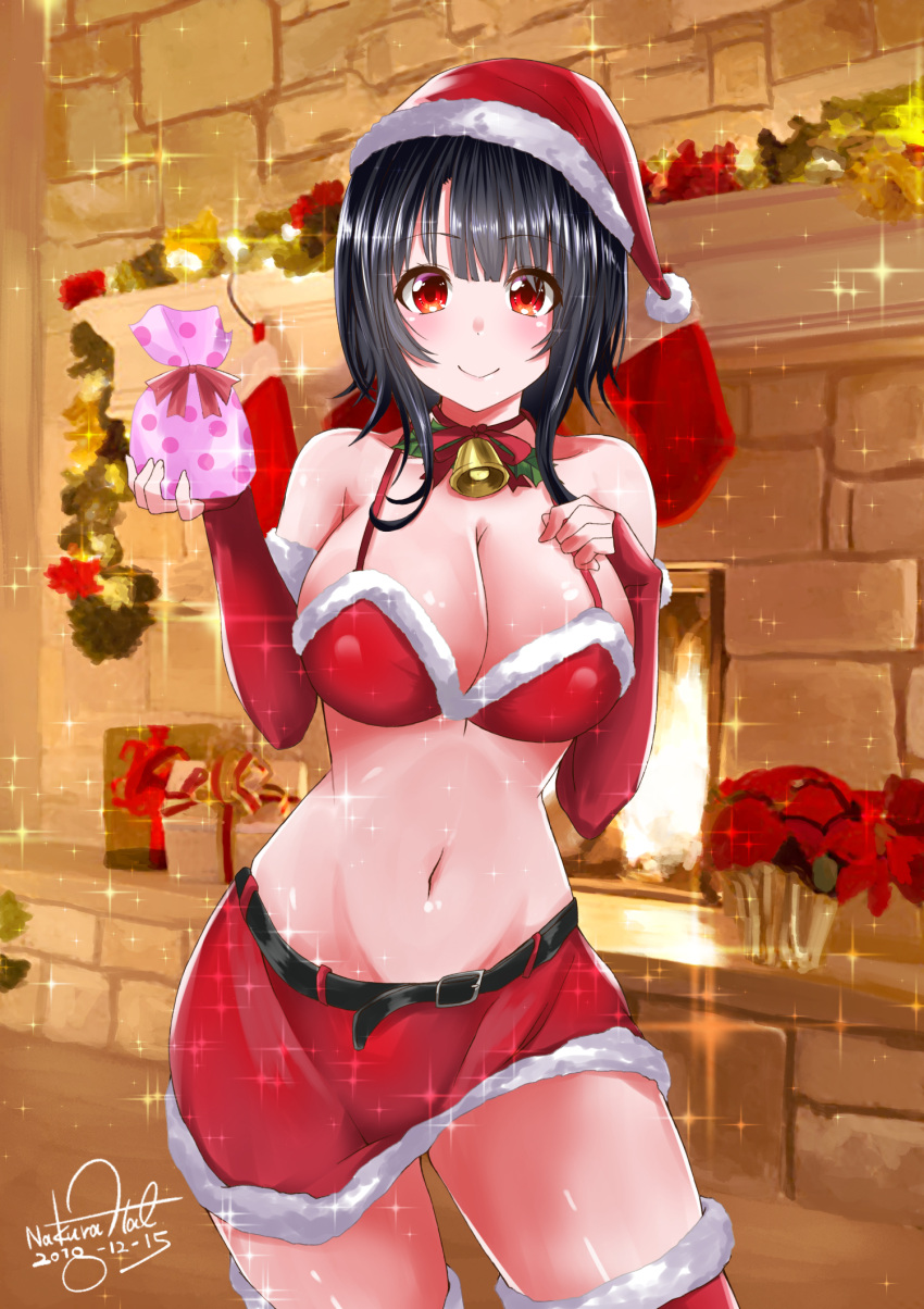 1girl alternate_costume bare_shoulders belt black_belt black_hair blush breasts christmas elbow_gloves fingerless_gloves fireplace fur-trimmed_gloves fur-trimmed_skirt fur_trim gift gloves hat highres holding holding_gift indoors kantai_collection large_breasts looking_at_viewer midriff miniskirt nakura_haru navel red_bikini_top red_eyes red_gloves red_legwear red_skirt santa_costume santa_hat short_hair skirt smile solo takao_(kantai_collection) thigh-highs