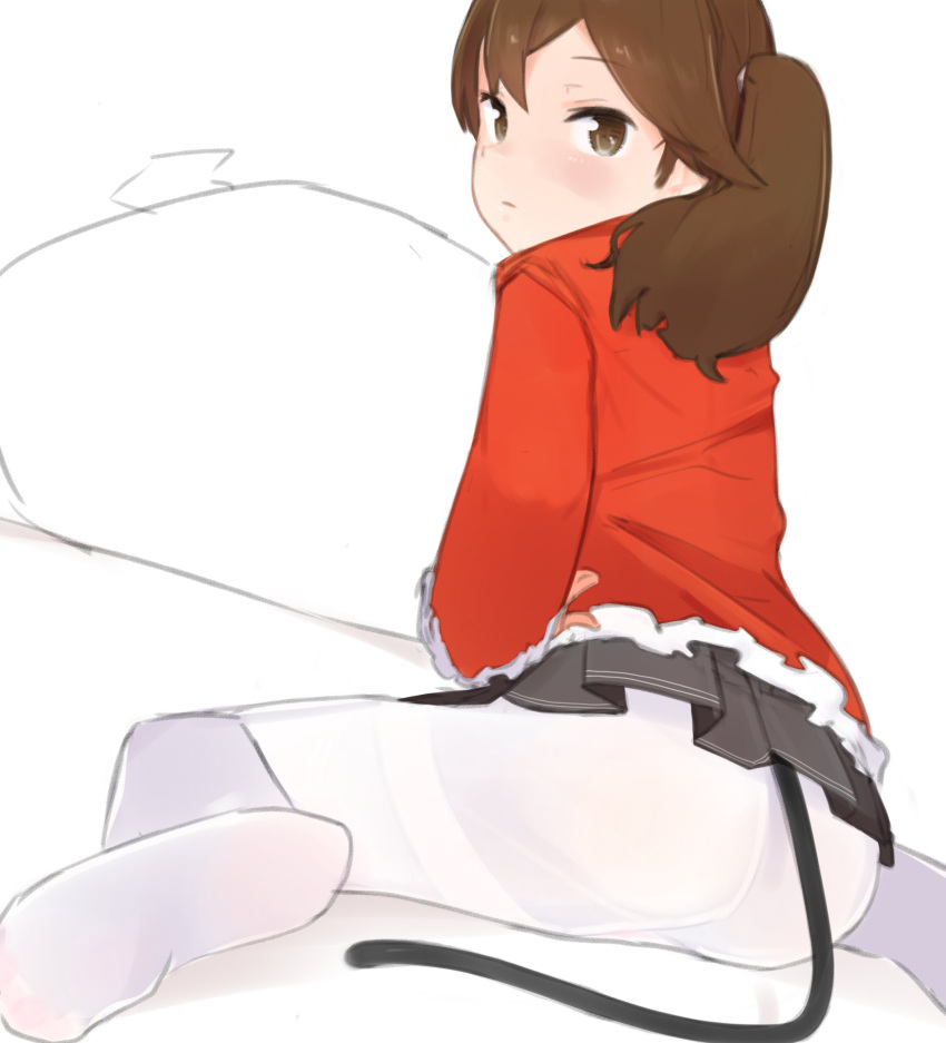 1girl black_skirt brown_eyes brown_hair co_botan frilled_skirt frills from_behind highres kantai_collection looking_at_viewer looking_back pantyhose red_shirt ryuujou_(kantai_collection) shirt sitting skirt solo tail twintails wariza white_background white_legwear