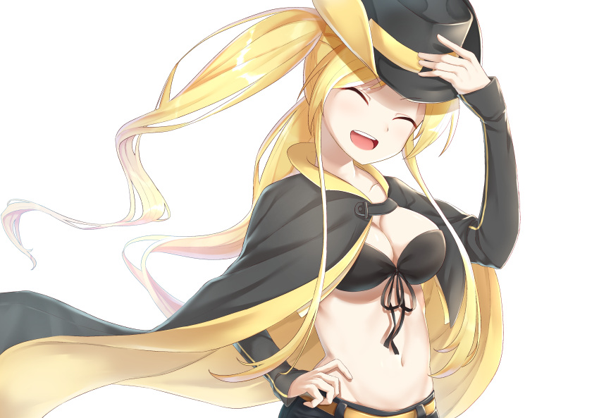 1girl absurdres azur_lane bangs belt blonde_hair breasts cape cleavage closed_eyes commentary_request cowboy_hat eyebrows_visible_through_hair front-tie_top hat highres hornet_(azur_lane) kimidori3_karla large_breasts long_hair navel open_mouth short_shorts shorts solo twintails upper_body very_long_hair white_background