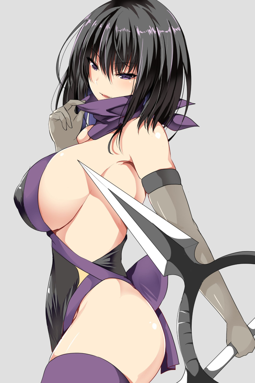 1girl ar_(lover_boy) bandanna bangs bare_shoulders black_hair breasts commentary_request elbow_gloves erect_nipples from_side gloves hair_between_eyes highres holding holding_weapon large_breasts original parted_lips purple_bandana short_hair sideboob thigh-highs violet_eyes weapon