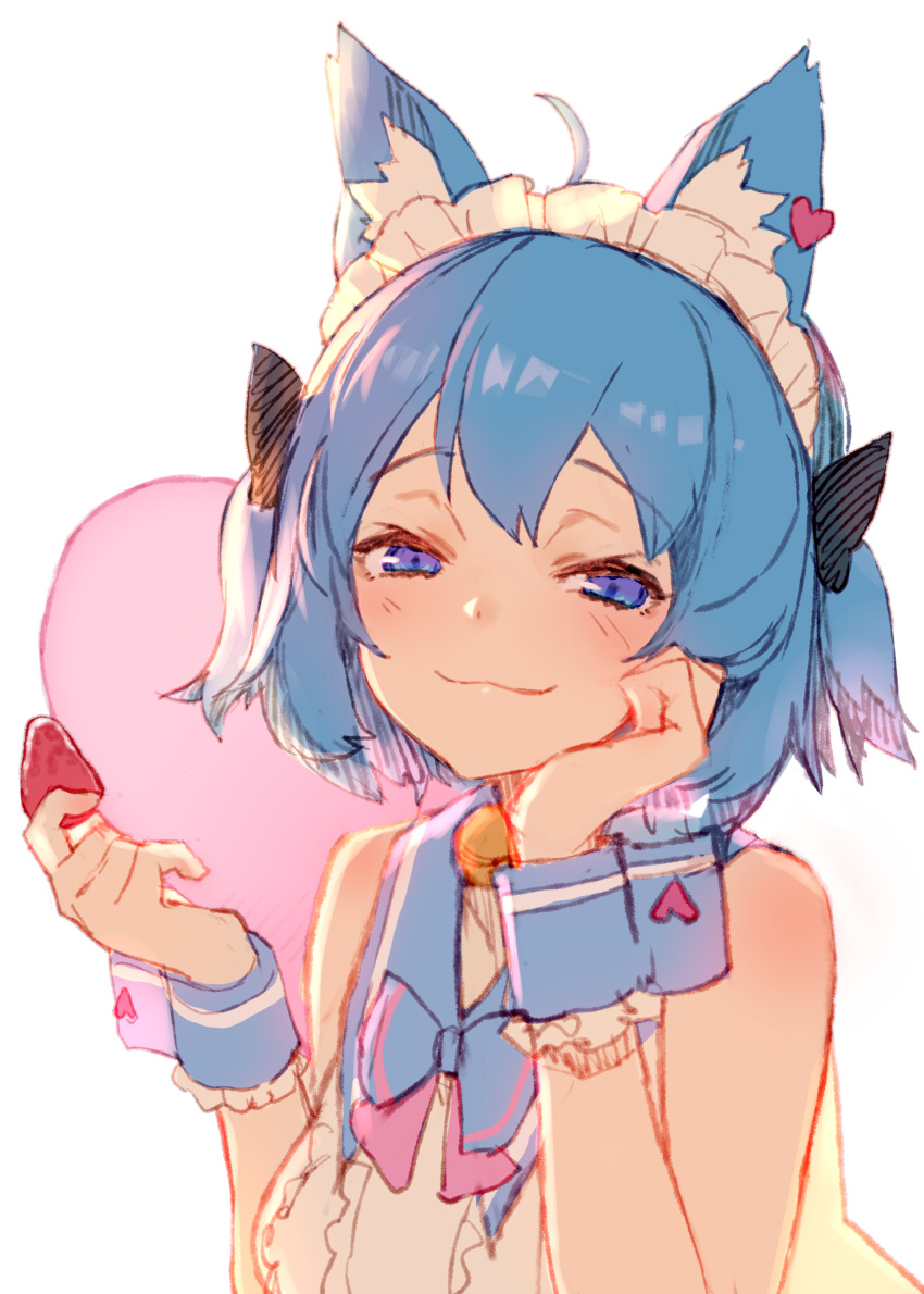 1girl :3 absurdres ahoge animal_ears animare bare_shoulders bell blue_hair blue_neckwear blue_sailor_collar blush bow bowtie closed_mouth commentary_request eyebrows_visible_through_hair food fruit hair_ornament hairband heart highres holding izumi_sai jingle_bell sailor_collar shirt short_hair smile solo souya_ichika strawberry transparent_background upper_body violet_eyes white_shirt wrist_cuffs