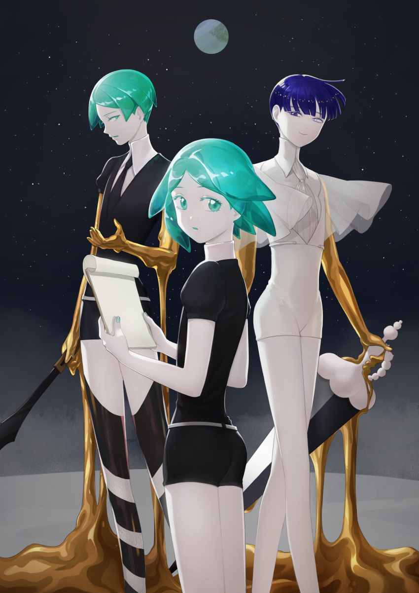 3others absurdres androgynous aqua_eyes aqua_hair bangs blue_eyes blue_hair blunt_bangs clipboard colored_eyelashes crystal_hair earth gem_uniform_(houseki_no_kuni) gold golden_arms green_eyes green_hair heterochromia highres houseki_no_kuni looking_at_viewer looking_back multiple_others multiple_persona mydeerwitch necktie phosphophyllite phosphophyllite_(ll) see-through_sleeves short_hair sky smile spoilers star_(sky) starry_sky sword weapon white_eyes white_skin