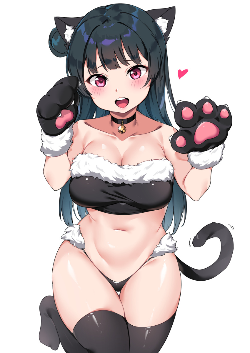 1girl animal_ears bangs bare_shoulders bell bell_choker black_bra black_choker black_hair black_legwear black_panties blunt_bangs blush bra breasts cat_ears cat_tail choker cleavage collarbone fur_trim gloves hand_up head_tilt heart highres kemonomimi_mode large_breasts long_hair looking_at_viewer love_live! love_live!_sunshine!! navel panties paw_gloves paws pink_eyes side_bun simple_background smile solo stomach tail tem10 thigh-highs thigh_gap tsushima_yoshiko underwear underwear_only white_background