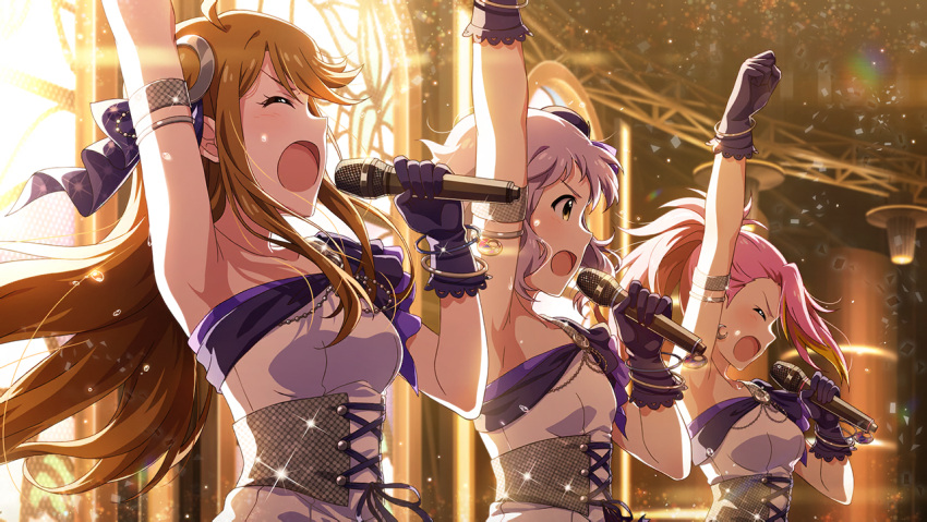 armpits bare_shoulders blush brown_hair dress idolmaster idolmaster_million_live! idolmaster_million_live!_theater_days long_hair maihama_ayumu makabe_mizuki purple_hair short_hair singing tokoro_megumi