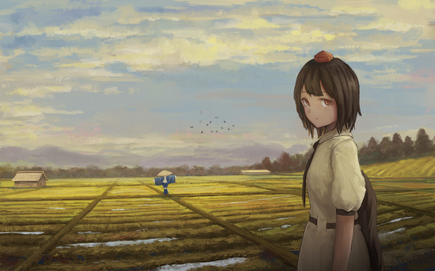1girl ajirogasa architecture arm_at_side bangs belt bird black_hair black_neckwear blue_sky breasts building clouds day east_asian_architecture expressionless farm faux_traditional_media feathered_wings fjsmu forest hat highres looking_at_viewer nature necktie outdoors puddle puffy_short_sleeves puffy_sleeves red_eyes scarecrow shameimaru_aya shirt short_hair short_sleeves sky small_breasts solo tokin_hat touhou untucked_shirt upper_body white_shirt wings