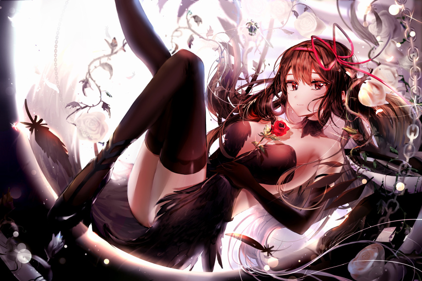 1girl akemi_homura akuma_homura armpits bare_shoulders black_dress black_gloves black_hair bow breasts choker danyagoe dress elbow_gloves feathered_wings feathers floating flower full_moon gloves hair_bow hair_ribbon hairband highres holding holding_flower leg_up long_hair looking_at_viewer magical_girl mahou_shoujo_madoka_magica medium_breasts moon pantyhose red_flower red_rose ribbon rose smile solo thigh-highs violet_eyes wings