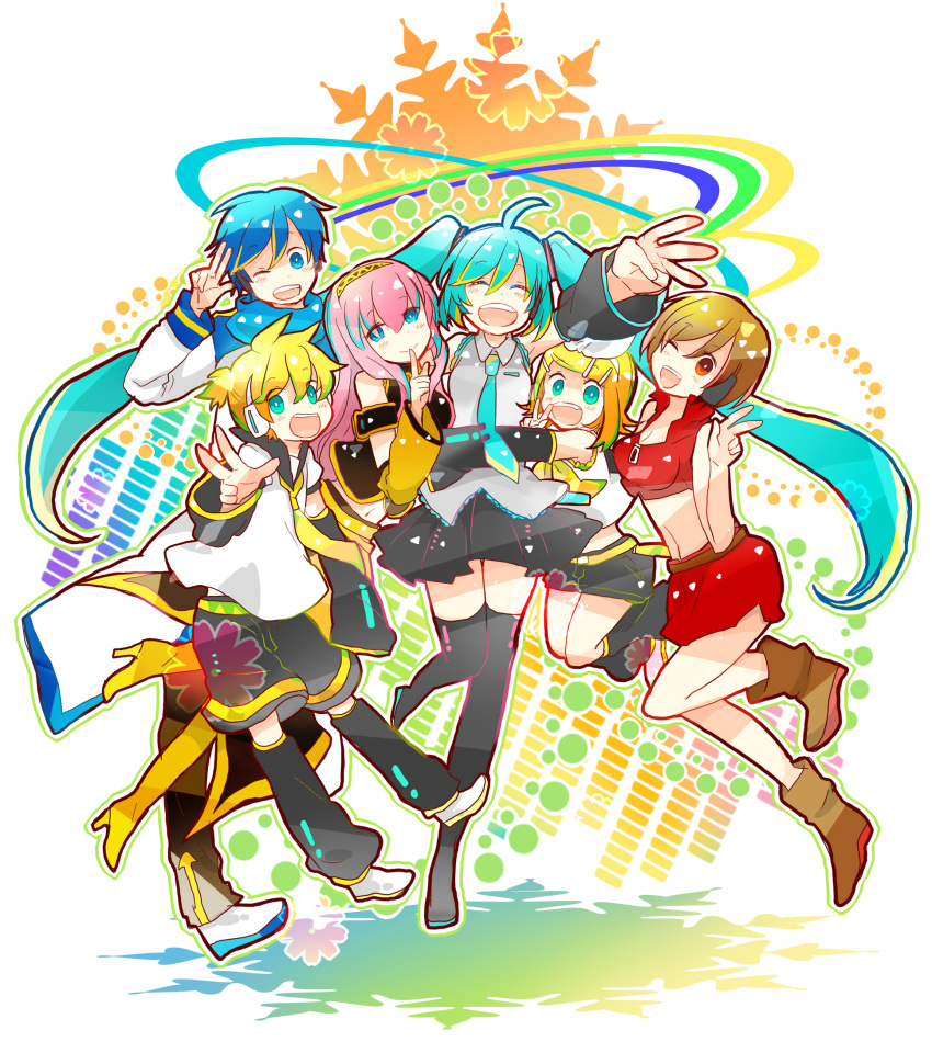 2boys 4girls 7:24 :d ;d ^_^ aqua_eyes black_skirt blue_hair blue_neckwear blush blush_stickers boots brown_eyes closed_eyes closed_eyes coat detached_sleeves eyebrows_visible_through_hair finger_to_mouth floating_hair full_body gradient gradient_background grey_shirt hair_ribbon happy hatsune_miku headset highres hug jumping kagamine_len kagamine_rin kaito long_hair looking_at_viewer megurine_luka meiko multicolored multicolored_background multiple_boys multiple_girls necktie one_eye_closed open_mouth pink_hair red_eyes red_skirt ribbon salute scarf shirt shorts simple_background skirt sleeveless sleeveless_shirt smile thigh-highs thighs twintails upper_body v very_long_hair vocaloid white_background white_ribbon