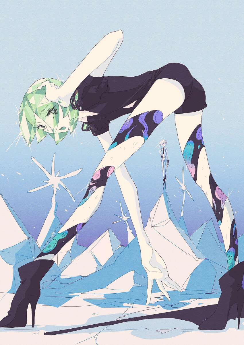 2others androgynous antarcticite boots crystal_hair eyebrows_visible_through_hair eyes_visible_through_hair gem_uniform_(houseki_no_kuni) glacier green_eyes green_hair hand_in_hair high_heel_boots high_heels highres houseki_no_kuni ice looking_at_viewer multiple_others necktie open_mouth outdoors phosphophyllite short_hair sparkle white_hair white_skin