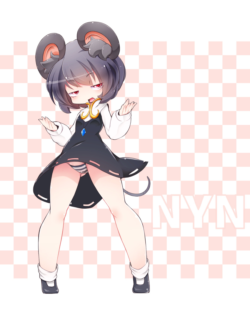 1girl animal_ear_fluff animal_ears character_name commentary cookie_(touhou) dress fang full_body grey_hair highres jewelry master_nabesama mouse_ears mouse_tail nazrin necklace nyon_(cookie) panties pantyshot pantyshot_(standing) patterned_background red_eyes solo standing striped striped_panties tail touhou underwear