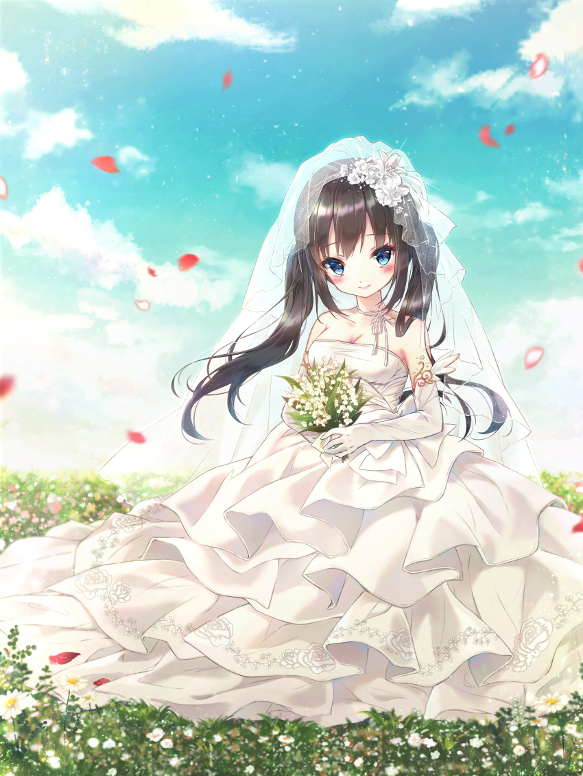 1girl absurdres bare_shoulders blue_eyes blue_sky blush bouquet breasts bridal_veil brown_hair cleavage closed_mouth clouds cloudy_sky collarbone commission danby_merong day dress elbow_gloves field flower gloves head_tilt highres holding holding_bouquet long_hair medium_breasts original outdoors petals see-through sky smile solo strapless strapless_dress twintails veil very_long_hair wedding_dress white_dress white_flower white_gloves