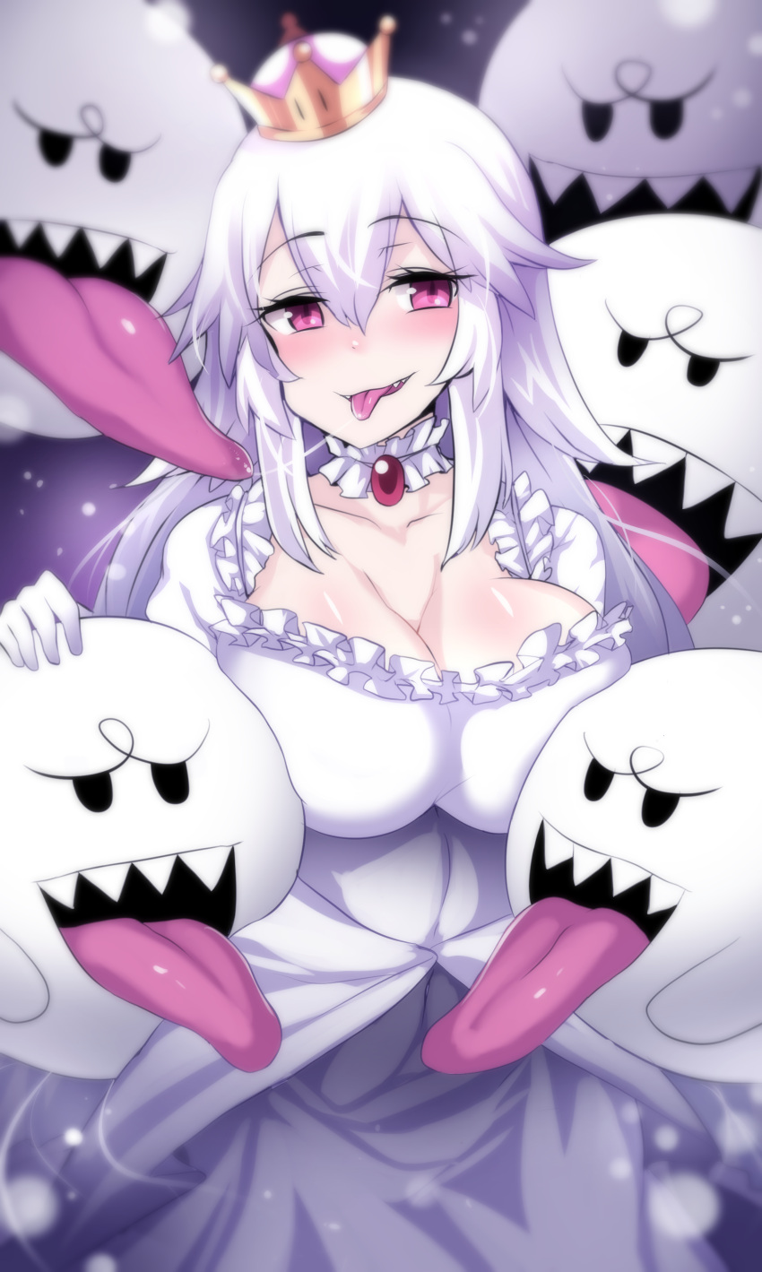1girl :p absurdres bangs blush boo breasts brooch cleavage collar collarbone crown dress earrings elbow_gloves eyebrows_visible_through_hair frilled_collar frilled_dress frilled_gloves frilled_sleeves frills gem ghost gloves hair_between_eyes highres hinghoi jewelry large_breasts long_hair long_tongue looking_at_viewer luigi's_mansion super_mario_bros. mini_crown new_super_mario_bros._u_deluxe nintendo nose_blush open_mouth paid_reward pale_skin patreon_reward pointy_ears princess_king_boo puffy_short_sleeves puffy_sleeves red_eyes sharp_teeth shiny shiny_skin short_sleeves sidelocks silver_hair slit_pupils smile solo super_crown teeth tilted_headwear tongue tongue_out very_long_hair violet_eyes white_dress white_gloves white_hair