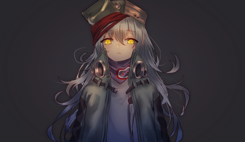 1girl :&lt; dark_background g11_(girls_frontline) girls_frontline grey_hair hat highres jacket long_hair looking_at_viewer scarf_on_head solo upper_body xanax025 yellow_eyes