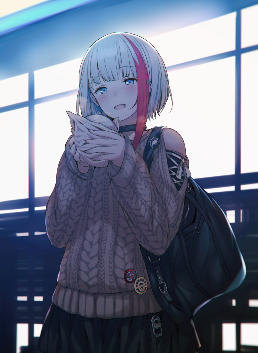 1girl :d admiral_graf_spee_(azur_lane) alternate_costume aran_sweater azur_lane bag bangs black_skirt blue_eyes blunt_bangs blush breasts casual eyebrows_visible_through_hair food highres holding holding_food light looking_at_viewer multicolored_hair night open_mouth outdoors redhead short_hair shoulder_cutout sidelocks silver_hair skirt sleeves_past_wrists small_breasts smile solo streaked_hair sweater tobimura white_sweater