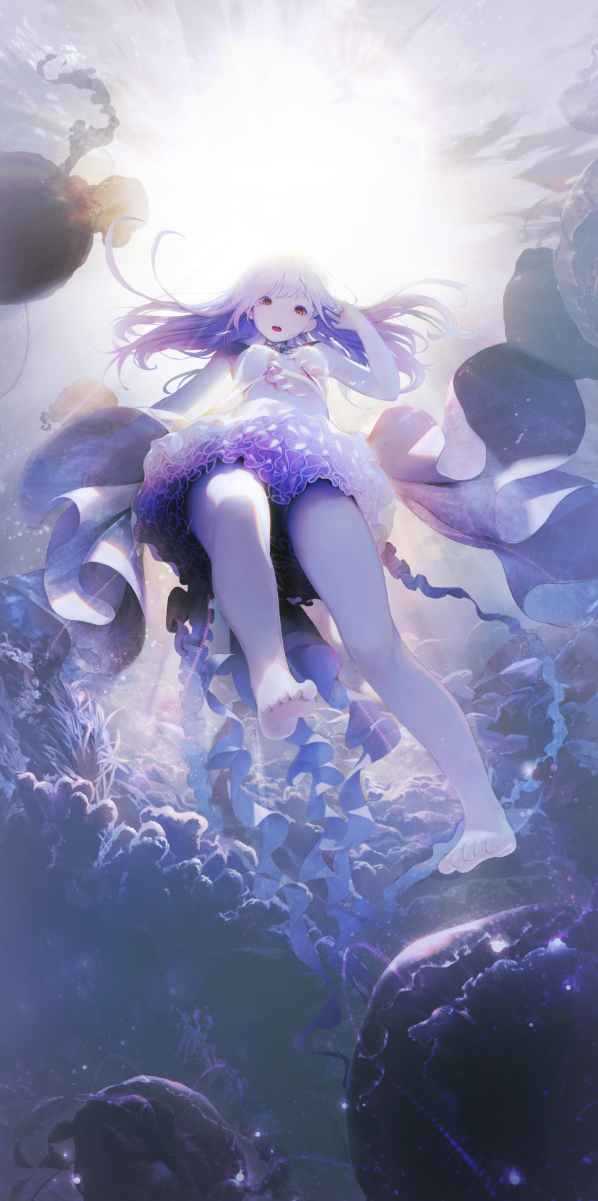 1girl absurdres collar coral dress gem glowing grey_hair highres jellyfish jewelry long_hair looking_at_viewer mieyuckman multicolored multicolored_eyes open_mouth original red_eyes seaweed silver_hair solo underwater water yellow_eyes
