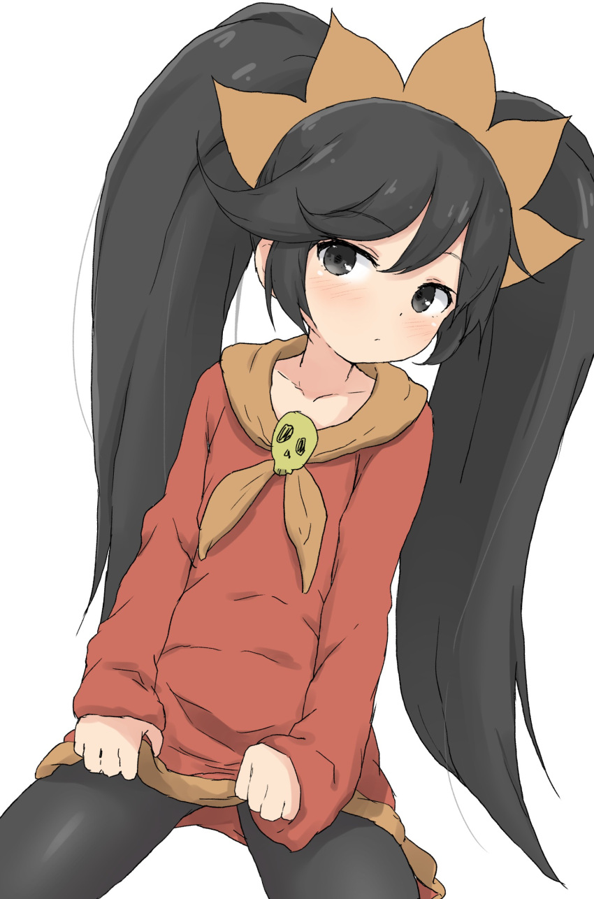 1girl absurdres ashley_(warioware) big_hair black_eyes black_hair commentary_request dress hairband highres intelligent_systems long_hair nintendo pantyhose partial_commentary red_dress skirt_hold skull solo twintails very_long_hair warioware white_background yakihebi