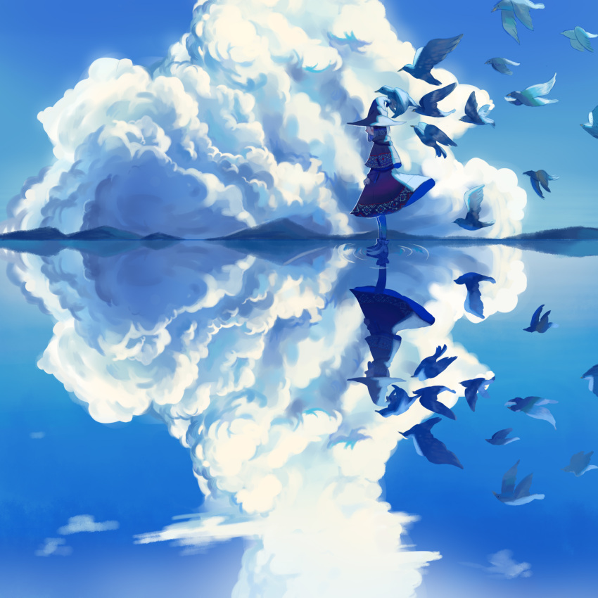 1girl bird blue_sky blush capelet clouds cloudy_sky dress flock from_side full_body hat highres hill long_sleeves original outdoors profile reflection ripples shoes shrimp_cc sky solo standing water witch witch_hat