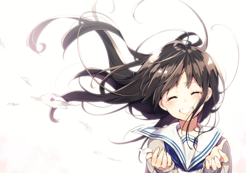 1girl bangs blush brown_hair cardigan closed_eyes commentary_request crying floating_hair hands_up head_tilt letter long_hair looking_at_viewer love_letter original sailor_collar sakuragi_ren school_uniform serafuku sidelocks simple_background smile solo torn_letter very_long_hair white_background wind wind_lift