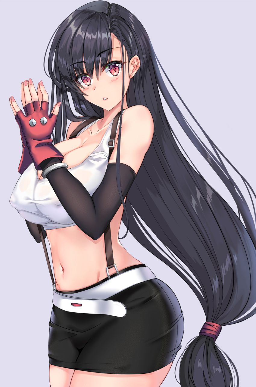 1girl belt black_hair black_skirt blush breasts cleavage covered_nipples elbow_gloves final_fantasy final_fantasy_vii fingerless_gloves gloves grey_background hair_between_eyes hands_together highres large_breasts long_hair looking_at_viewer low-tied_long_hair mukatsukulsp nail_polish navel parted_lips pencil_skirt pink_nails red_eyes red_gloves skirt solo standing suspender_skirt suspenders tifa_lockhart very_long_hair