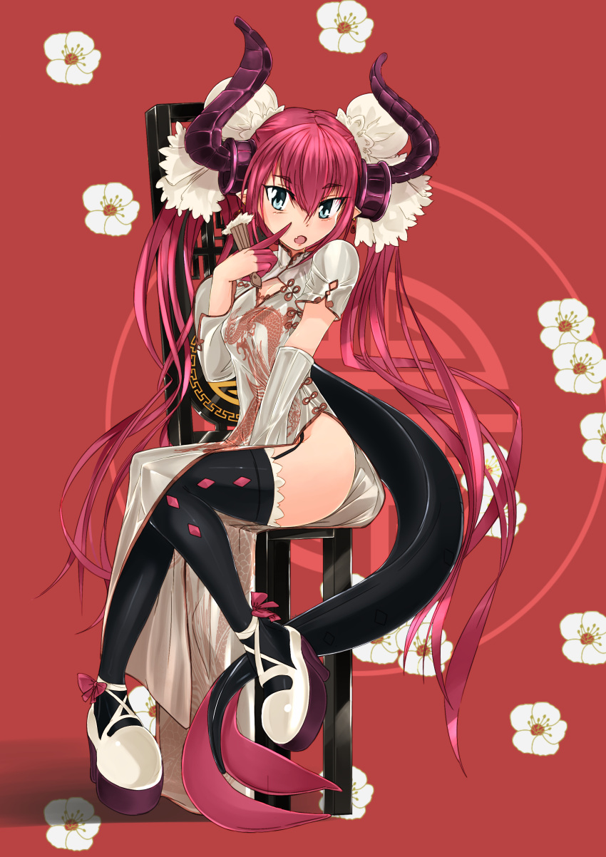 1girl absurdres asymmetrical_horns blue_eyes bun_cover chair china_dress chinese_clothes curled_horns double_bun dragon_girl dragon_horns dragon_tail dress elizabeth_bathory_(fate) elizabeth_bathory_(fate)_(all) fate/extra fate/extra_ccc fate/grand_order fate_(series) highres horns long_hair looking_at_viewer moeufocatcher pink_hair pointy_ears side_slit sitting solo tail twintails