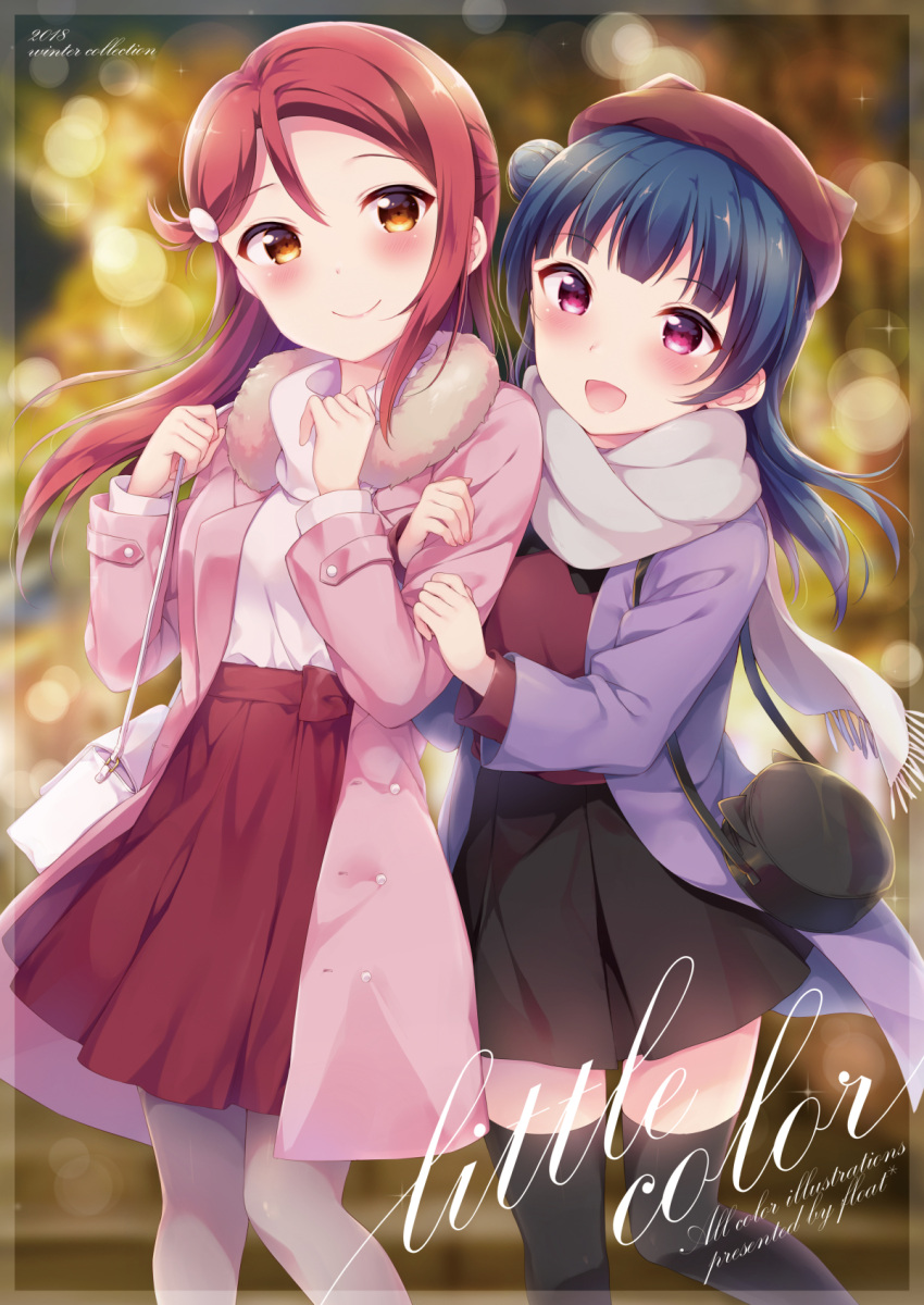 2018 2girls :d animal_hat bag bangs beret black_legwear black_skirt blue_hair blurry blush bokeh brown_hat cat_bag cat_hat clenched_hands commentary_request cover cover_page depth_of_field doujin_cover fur_collar grey_scarf hair_ornament hairclip half_updo hands_up hat hazuki_(sutasuta) highres holding_another's_arm holding_strap long_hair looking_at_viewer love_live! love_live!_sunshine!! multiple_girls open_mouth pantyhose pink_coat purple_coat red_shirt red_skirt redhead sakurauchi_riko scarf shirt shoulder_bag side_bun skirt smile thigh-highs tsushima_yoshiko turtleneck white_shirt winter_clothes