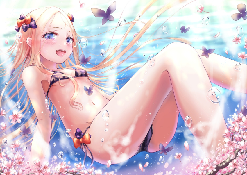 1girl :d abigail_williams_(fate/grand_order) air_bubble ass bangs bare_arms bare_shoulders bikini black_bikini black_bow blonde_hair blue_eyes blush bow breasts bubble bug butterfly commentary_request day fate/grand_order fate_(series) flower insect long_hair looking_at_viewer navel open_mouth orange_bow outdoors parted_bangs pink_flower polka_dot polka_dot_bow sanka_tan small_breasts smile solo swimsuit underwater very_long_hair water