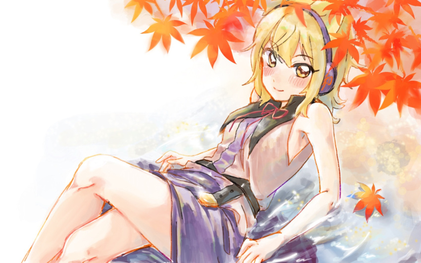 1girl arm_support armpits autumn autumn_leaves bangs belt black_belt blonde_hair blouse blush breasts closed_mouth collarbone commentary_request earmuffs eyebrows_visible_through_hair leaf legs_crossed looking_at_viewer lying lying_on_water maple_leaf momo_(baso4) on_back open_eyes pointy_hair purple_skirt reflection shirt short_hair skirt sleeveless sleeveless_shirt smile solo touhou toyosatomimi_no_miko water yellow_eyes