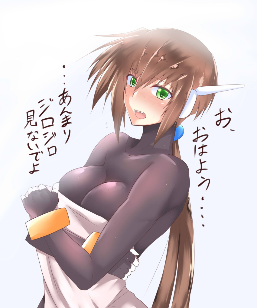 1girl aile bangs blush bodystocking bracelet breasts brown_hair embarrassed female green_eyes hair_between_eyes highres jewelry long_hair open_mouth ponytail robot_ears rockman rockman_zx rockman_zx_advent simple_background solo text_focus tgxx3300 white_background