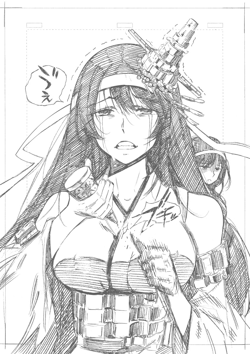 2girls absurdres breasts commentary_request crying crying_with_eyes_open detached_sleeves fusou_(kantai_collection) hair_ornament hairband highres kantai_collection kojima_takeshi large_breasts long_hair long_sleeves looking_at_viewer monochrome multiple_girls nontraditional_miko open_mouth pulling shaded_face sidelocks sketch tears traditional_media translation_request trembling wide_sleeves yamashiro_(kantai_collection)