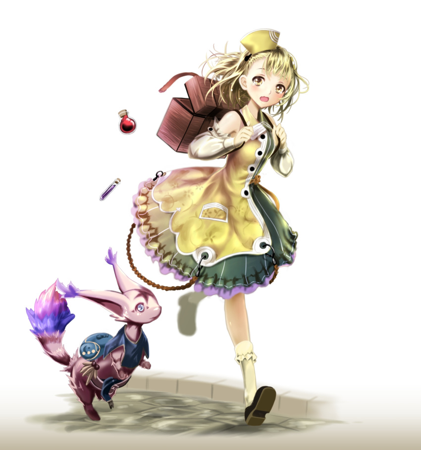 1girl animal atelier_(series) atelier_escha_&amp;_logy blonde_hair detached_sleeves dia_(saotoko) dress erlenmeyer_flask floating_hair hat highres loafers long_hair long_sleeves looking_at_viewer lucille_ernella open_mouth running shoes simple_background sleeveless sleeveless_dress socks solo test_tube white_background white_hat white_legwear white_sleeves yellow_dress yellow_eyes