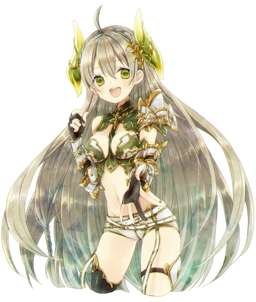 1girl :d ahoge asymmetrical_legwear bangs bare_shoulders belt belt_buckle between_breasts black_gloves black_legwear blush braid breasts brown_hair buckle commentary_request copyright_request cropped_legs crown_braid eyebrows_visible_through_hair gloves green_eyes hair_between_eyes headgear highres kikka_(kicca_choco) long_hair medium_breasts midriff navel open_mouth partly_fingerless_gloves round_teeth short_shorts shorts sidelocks simple_background single_thighhigh smile solo teeth thigh-highs upper_teeth very_long_hair white_background white_belt white_shorts