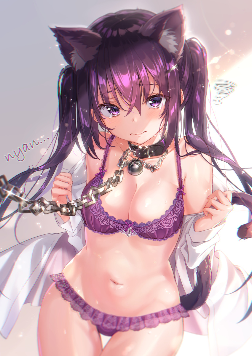 1girl absurdres animal_ear_fluff animal_ears bangs bare_shoulders bell belt_collar blurry bra breasts cat_ears chains cleavage closed_mouth collar collarbone commentary_request cowboy_shot depth_of_field frilled_panties frills glint gochuumon_wa_usagi_desu_ka? groin hair_between_eyes hair_ornament hairclip highres jingle_bell lace lace-trimmed_bra large_breasts long_hair long_sleeves looking_at_viewer navel off_shoulder panties purple_bra purple_hair purple_panties sakura_honoka_(srhk0623) shirt sidelocks solo squiggle stomach sweatdrop tedeza_rize thigh_gap twintails underwear very_long_hair violet_eyes wavy_mouth white_shirt