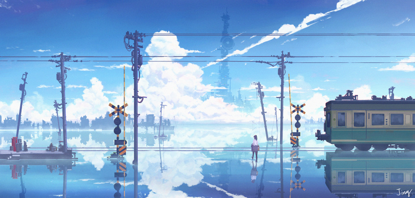 1girl artist_name black_hair black_legwear black_skirt blue_sky building clouds cloudy_sky commentary_request day facing_away fantasy from_behind ground_vehicle highres jing_(jiunn1985matw) long_hair miniskirt ocean original outdoors pantyhose ponytail power_lines railroad_crossing railroad_signal railroad_tracks reflection scenery school_uniform shirt shoes signature skirt sky solo telephone_pole tower train walking walking_on_liquid water white_shirt wide_shot