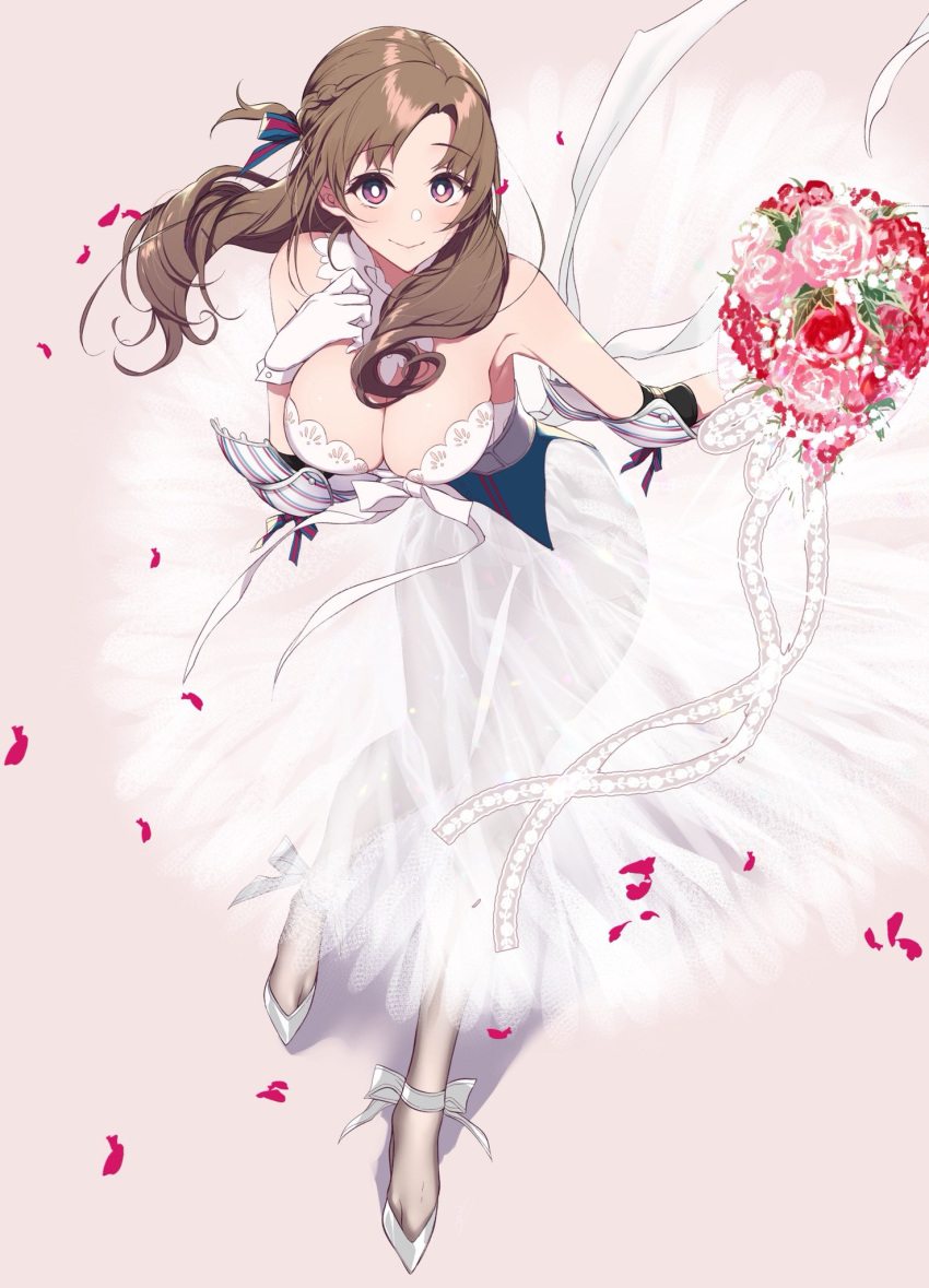 1girl bare_shoulders black_legwear bouquet braid breasts brown_hair commentary_request detached_collar dress elbow_pads eyebrows_visible_through_hair flower full_body gloves hair_ribbon hand_on_own_chest highres knees_together_feet_apart large_breasts long_hair looking_at_viewer oosuki_mamako pantyhose petals pink_background pink_eyes pochi_(pochi-goya) ribbon see-through_silhouette shoes simple_background smile solo thigh_gap tsuujou_kougeki_ga_zentai_kougeki_de_ni-kai_kougeki_no_okaasan_wa_suki_desu_ka? white_dress white_footwear white_gloves