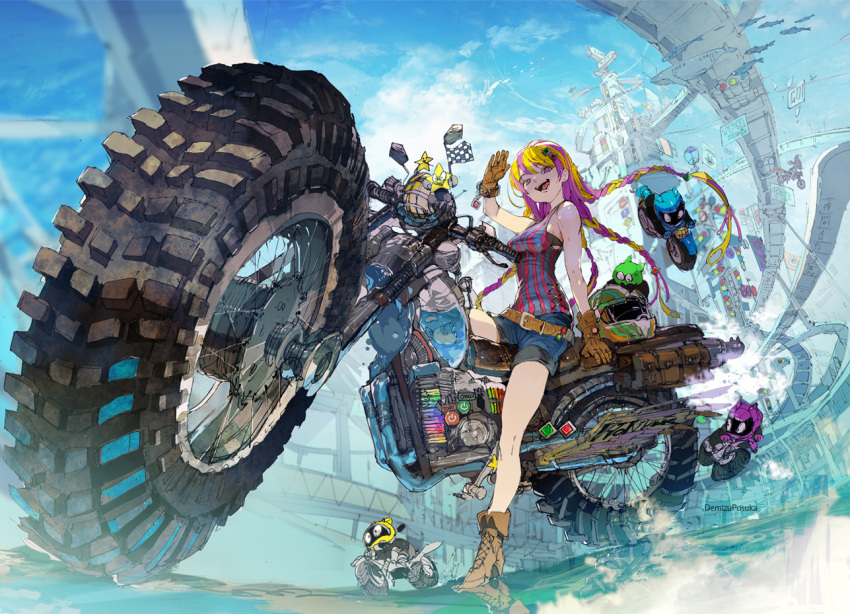 1girl :d bare_shoulders belt black_bra blonde_hair blue_sky boots bra braid breasts brown_gloves checkered checkered_flag city clouds demizu_posuka denim denim_shorts flag flying gloves ground_vehicle hair_ornament helmet high_heels long_hair looking_at_viewer motor_vehicle motorcycle multicolored_hair open_mouth original outdoors purple_hair riding shorts sitting sky sleeveless smile smoke star sweatdrop teeth tongue twin_braids two-tone_hair underwear very_long_hair violet_eyes