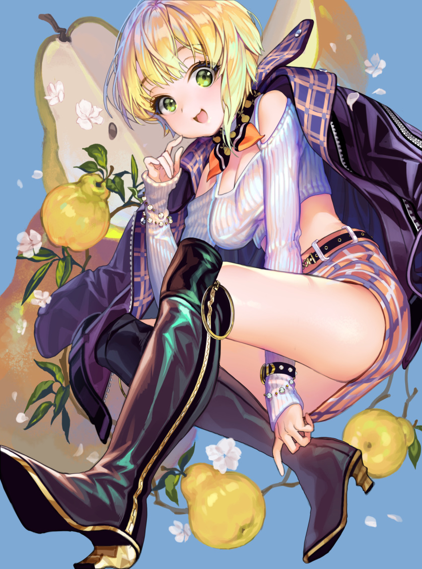 1girl :d ass bangs bead_bracelet beads belt black_footwear blonde_hair blue_background boots bracelet breasts cherrypin cleavage commentary_request crop_top flower food fruit full_body green_eyes hand_up high_heel_boots high_heels highres idolmaster idolmaster_cinderella_girls jacket jacket_on_shoulders jewelry knee_boots long_sleeves looking_at_viewer medium_breasts midriff miniskirt miyamoto_frederica neck_ribbon open_clothes open_jacket open_mouth orange_neckwear orange_skirt pear pencil_skirt plaid plaid_skirt plant purple_jacket ribbed_sweater ribbon short_hair shoulder_cutout simple_background skirt sleeves_past_wrists smile solo sweater tareme thighs white_flower zipper