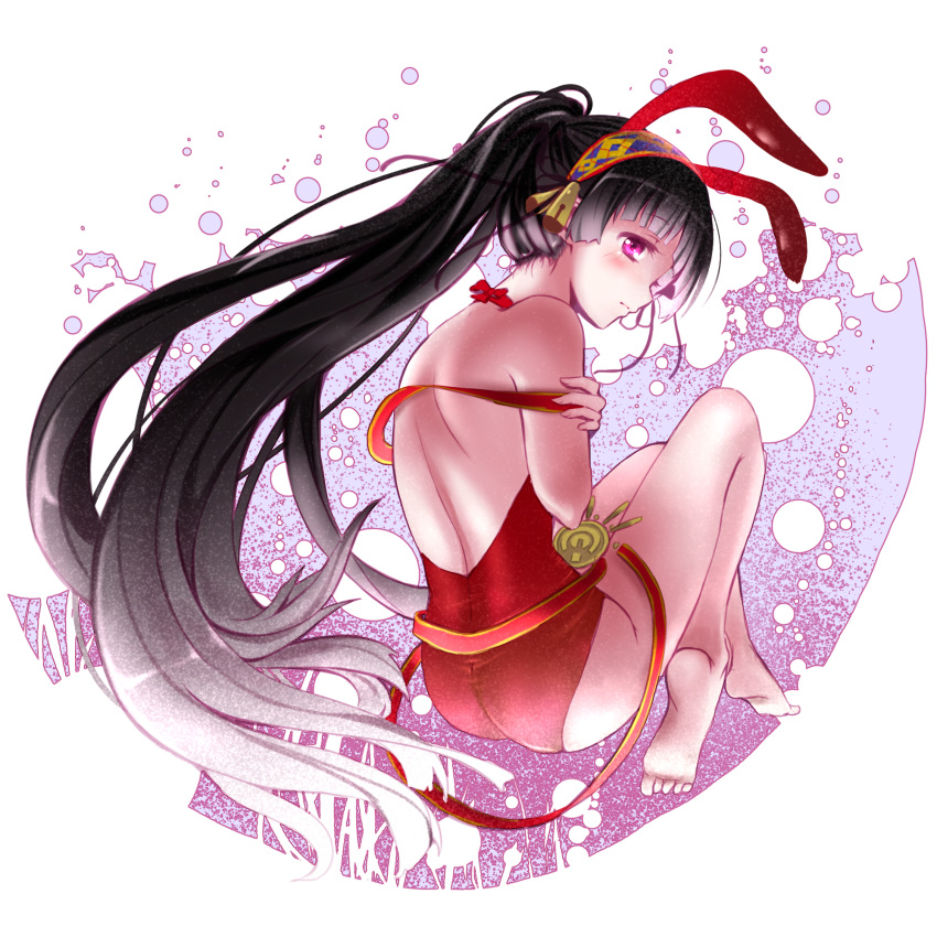 1girl animal_ears atelier_(series) atelier_shallie backless_outfit bangs barefoot black_hair blunt_bangs bow dia_(saotoko) eyebrows_visible_through_hair hairband highres leotard long_hair looking_at_viewer looking_back ponytail rabbit_ears red_bow red_eyes red_leotard shallistera_(atelier) soles solo very_long_hair white_background