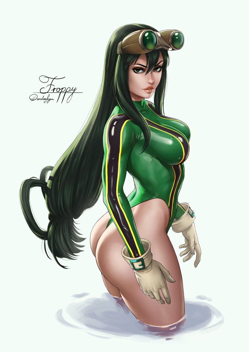 1girl absurdres ass asui_tsuyu blue_background boku_no_hero_academia breasts character_name dandon_fuga gloves goggles goggles_on_head green_eyes green_hair green_leotard highres leotard lips long_hair looking_at_viewer mature medium_breasts paid_reward parted_lips patreon_reward simple_background solo thick_thighs thighs very_long_hair water
