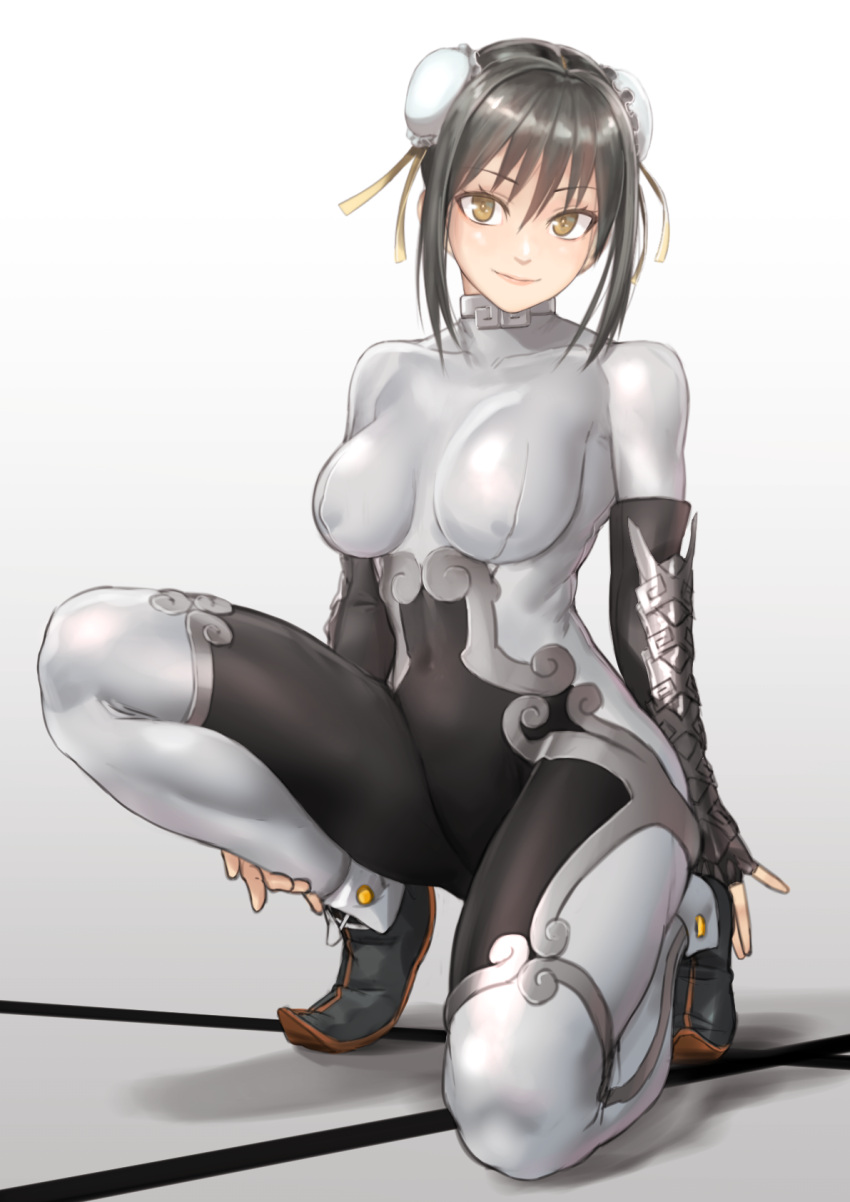 1girl alternate_eye_color arm_guards bangs black_gloves black_hair bodysuit breasts brown_eyes bun_cover chinese_clothes covered_navel covered_nipples double_bun eyebrows_visible_through_hair fate/grand_order fate_(series) fingerless_gloves gloves highres kilye_4421 medium_breasts qin_liangyu_(fate) sidelocks skin_tight smile solo squatting thighs