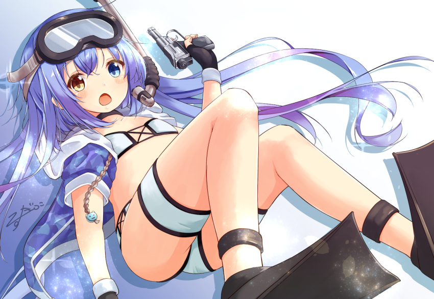 1girl :o ass bangs bikini black_gloves blue_eyes blue_hair blue_jacket blush brown_eyes camouflage_jacket commentary_request diving_mask diving_mask_on_head eyebrows_visible_through_hair fingerless_gloves fingernails flippers girls_frontline gloves gun hair_between_eyes handgun heterochromia holding holding_gun holding_weapon jacket long_hair looking_at_viewer mizutan64 object_namesake open_clothes open_jacket open_mouth pistol signature snorkel solo sparkle spp-1 spp-1_(girls_frontline) swimsuit very_long_hair weapon white_bikini