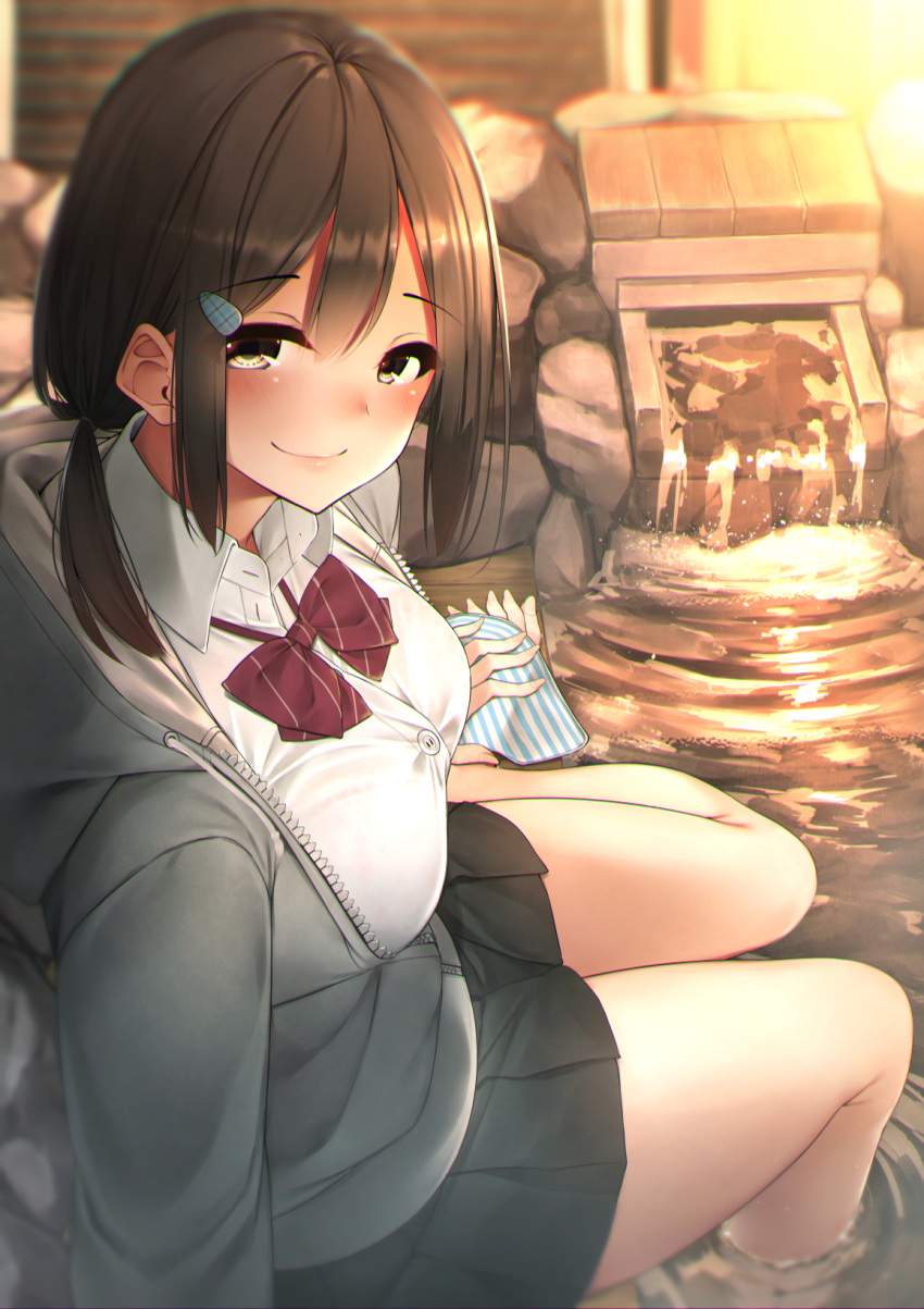 1girl ashiyu bangs black_hair black_skirt blurry blurry_background blush bow bowtie breasts buttons closed_mouth collared_shirt commentary_request depth_of_field drawstring eyebrows_visible_through_hair grey_jacket hair_ornament hair_over_shoulder hairclip highres hood hood_down hooded_jacket jacket large_breasts long_hair long_sleeves looking_at_viewer low-tied_long_hair miniskirt open_clothes open_jacket original outdoors partially_unzipped pleated_skirt red_neckwear rerrere ripples school_uniform shirt sidelocks sitting skirt smile soaking_feet solo striped striped_neckwear thighs water white_shirt zipper