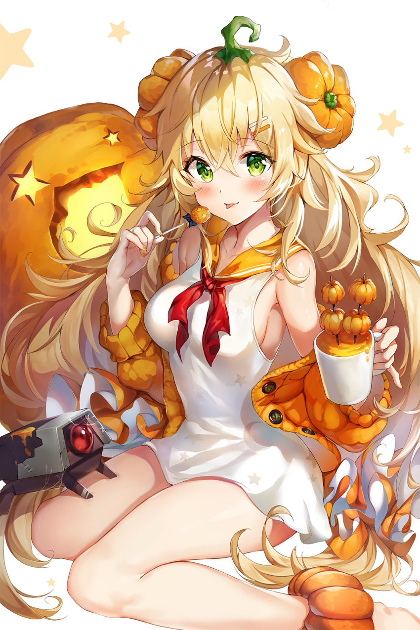 1girl alternate_costume ankle_scrunchie baggy_clothes bangs bare_shoulders barefoot between_legs blonde_hair blush breasts candy cardigan cup dinergate_(girls_frontline) dress eyebrows_visible_through_hair food food_themed_hair_ornament girls_frontline green_eyes hair_between_eyes hair_ornament hairband hairclip halloween highres holding holding_cup holding_food kneeling lollipop long_hair looking_at_viewer messy_hair nail_polish narae neckerchief off_shoulder open_cardigan open_clothes open_mouth orange_cardigan orange_nails orange_sailor_collar orange_sweater pointing pumpkin pumpkin_hair_ornament pumpkin_soup red_neckwear s.a.t.8_(girls_frontline) sailor_collar sailor_dress scrunchie sidelocks silk smile sweater very_long_hair white_dress