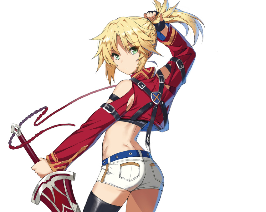 1girl alternate_costume ass belt blonde_hair braid clarent commentary_request fate/grand_order fate_(series) green_eyes highres mordred_(fate) mordred_(fate)_(all) ponytail shorts sword thigh-highs tonee weapon
