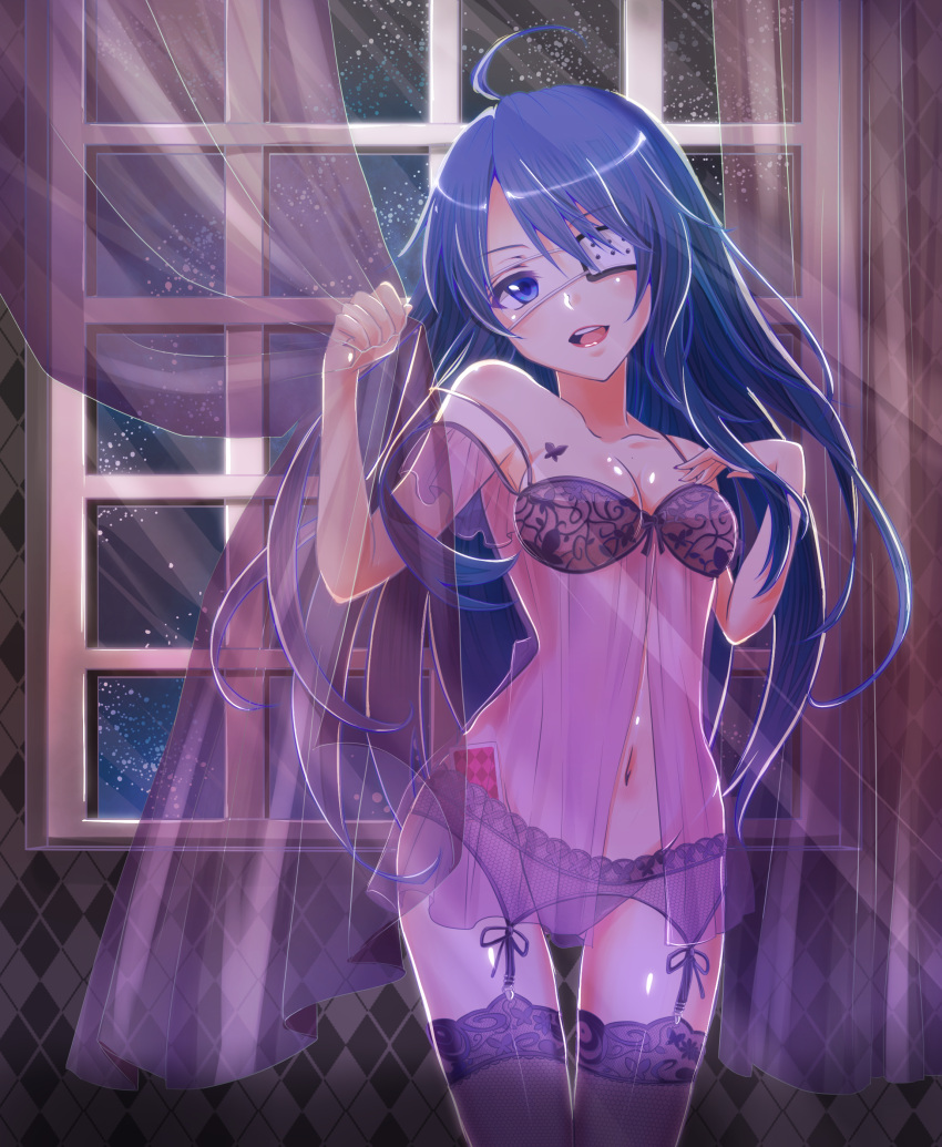 1girl :d absurdres ahoge aoi_(kiyokiyoaomushi) blue_eyes blue_hair breasts card cleavage collarbone cowboy_shot curtains eyepatch floating_hair garter_straps head_tilt highres indoors lingerie long_hair looking_at_viewer medium_breasts navel negligee night open_mouth original panties purple_panties shiny shiny_skin sky small_breasts smile solo standing star_(sky) starry_sky underwear underwear_only very_long_hair window