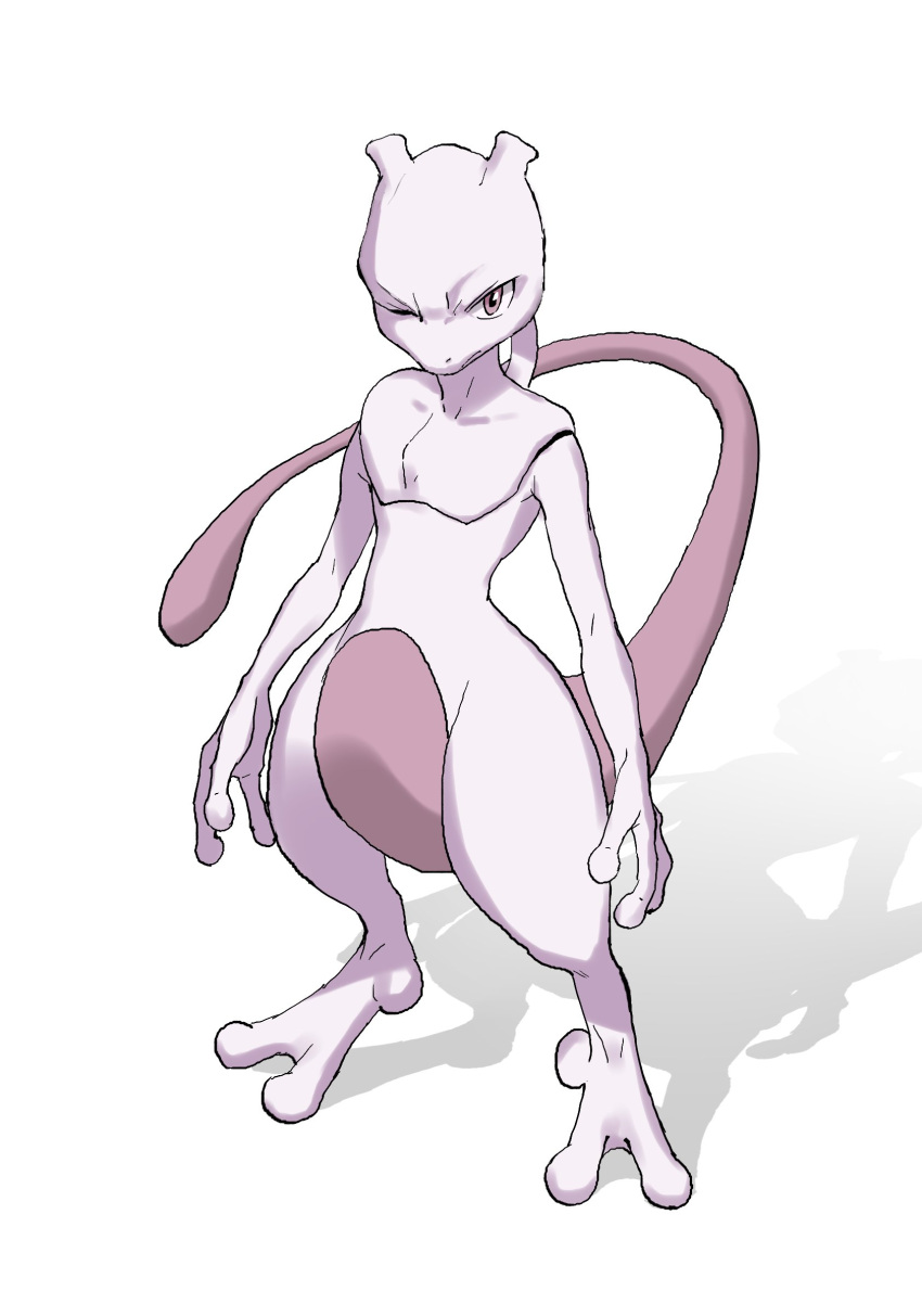 1boy full_body gen_1_pokemon green322 highres legendary_pokemon looking_at_viewer male_focus mewtwo no_humans one_eye_closed pokemon pokemon_(creature) simple_background solo tail violet_eyes white_background