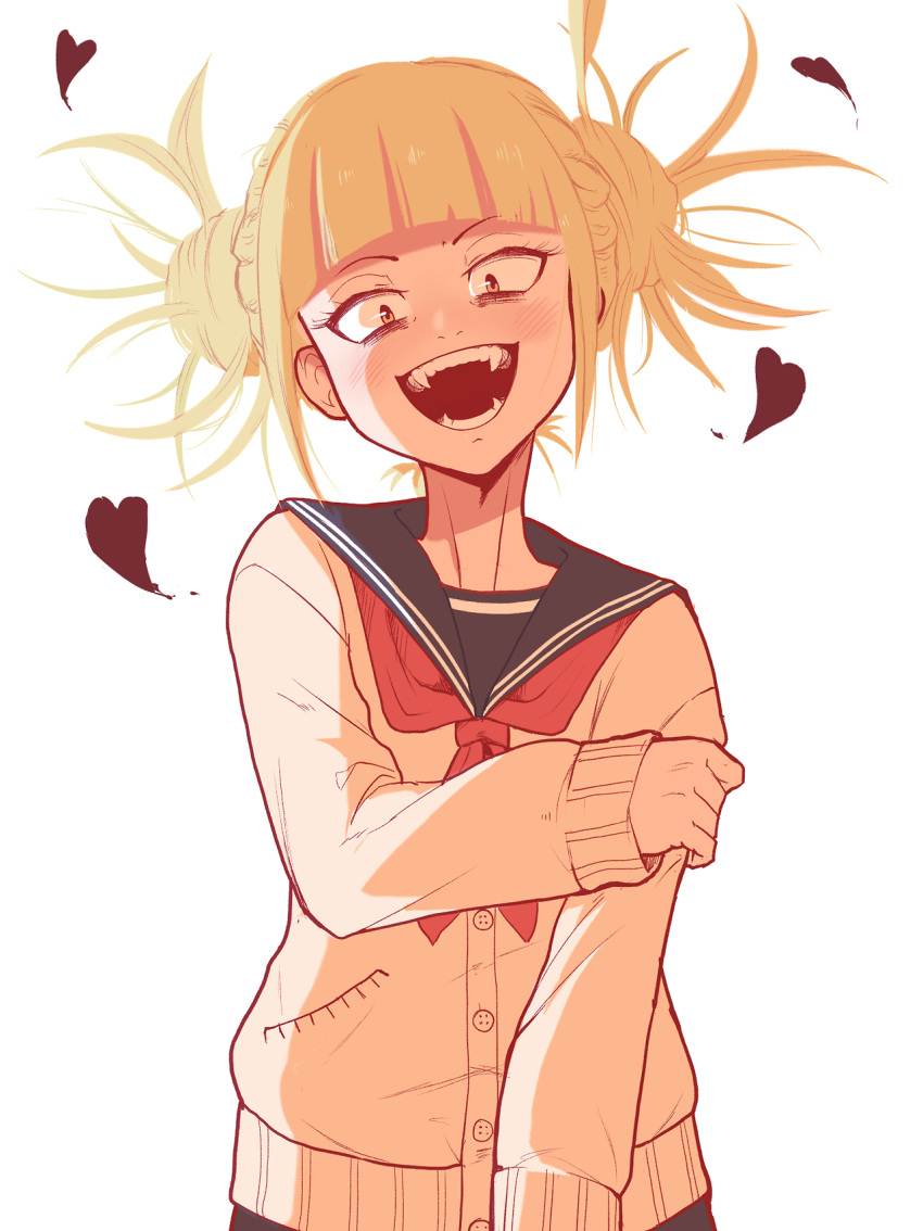 1girl bangs blonde_hair boku_no_hero_academia double_bun fangs heart highres long_sleeves open_mouth sally_(luna-arts) short_hair simple_background smile solo toga_himiko white_background yellow_eyes