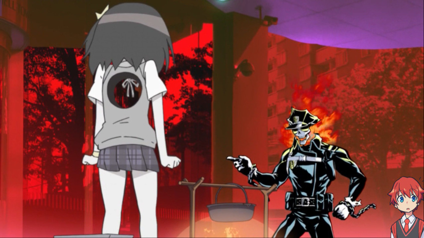 1girl 2boys bangs belt blue_eyes chains checkered checkered_skirt collared_shirt crossover eyebrows_visible_through_hair fire flame hair_ornament hat hibiki_yuuta highres inferno_cop loafers luluco multiple_boys necktie parody pleated_skirt police police_hat police_uniform red_neckwear redhead school_uniform shirt shoes short_hair short_sleeves side_ponytail skelefuku skirt skull ssss.gridman star star_hair_ornament sunglasses thighs trigger_support uchuu_patrol_luluco uniform waistcoat white_shirt wing_collar