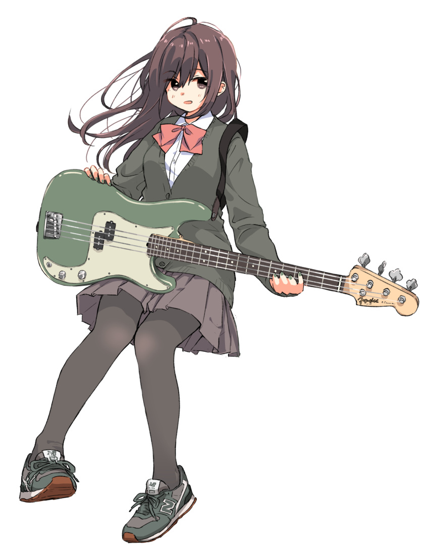 1girl bass_guitar bow brown_eyes brown_hair commentary_request fender_precision_bass full_body highres holding holding_instrument instrument long_hair matsuda_hikari original pantyhose pleated_skirt school_uniform shoes skirt sneakers solo sweater white_background